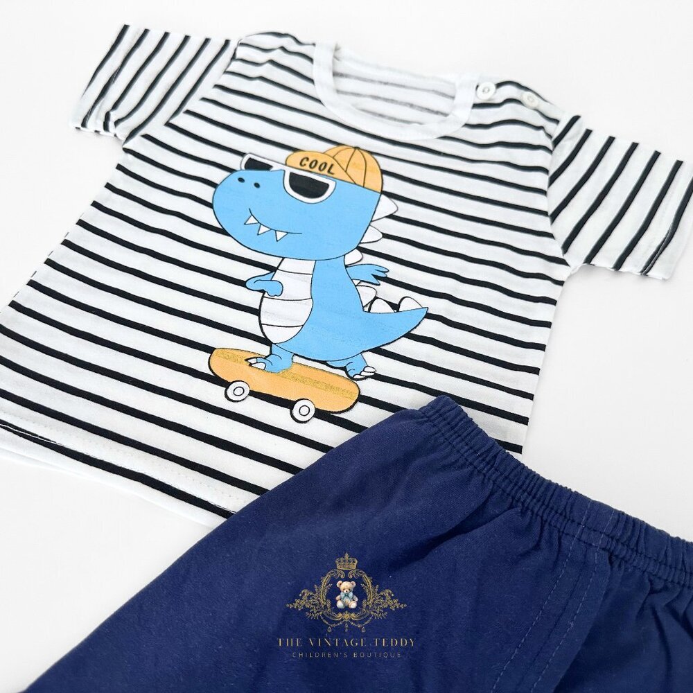NWT Cute Boys Matching Set Kids T-shirt & Shorts 2-Piece Dino Skater Dude 9-12M - Picture 3 of 3